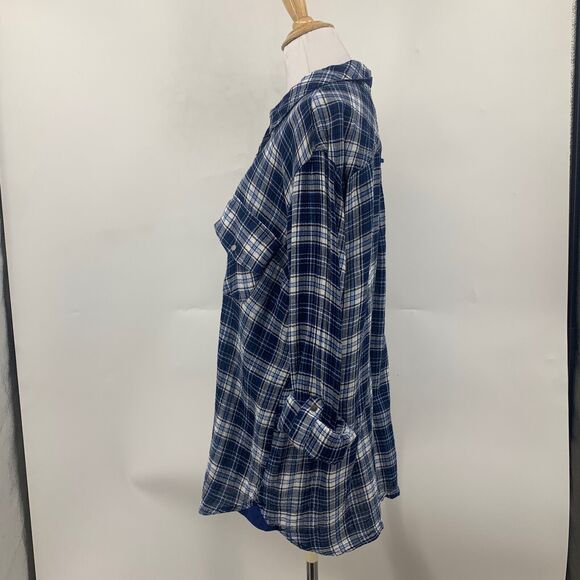 Kut From The Kloth Shirt Womens XXL Blue Plaid Flannel Snap Button Tap Sleeve - Picture 4 of 11